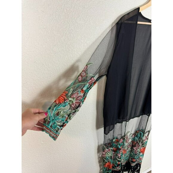 Womens Kimono Cover Up Long Size XXL Black Sheer Floral Embroidered Fringed - Picture 4 of 13